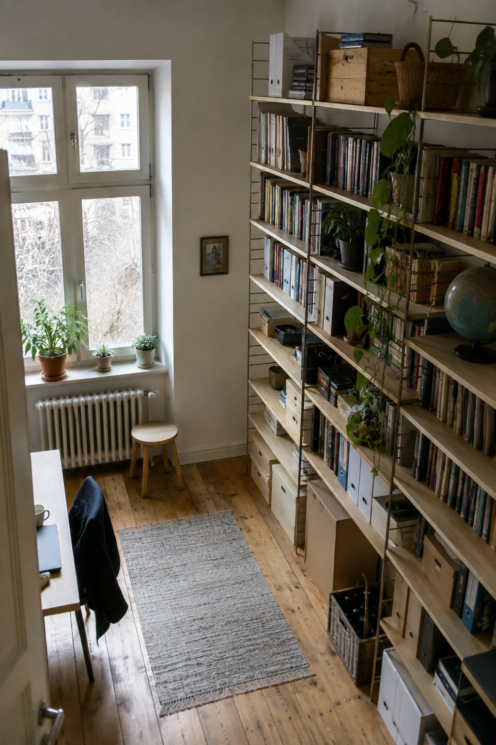 Hohe wandregale im kompakten zimmer