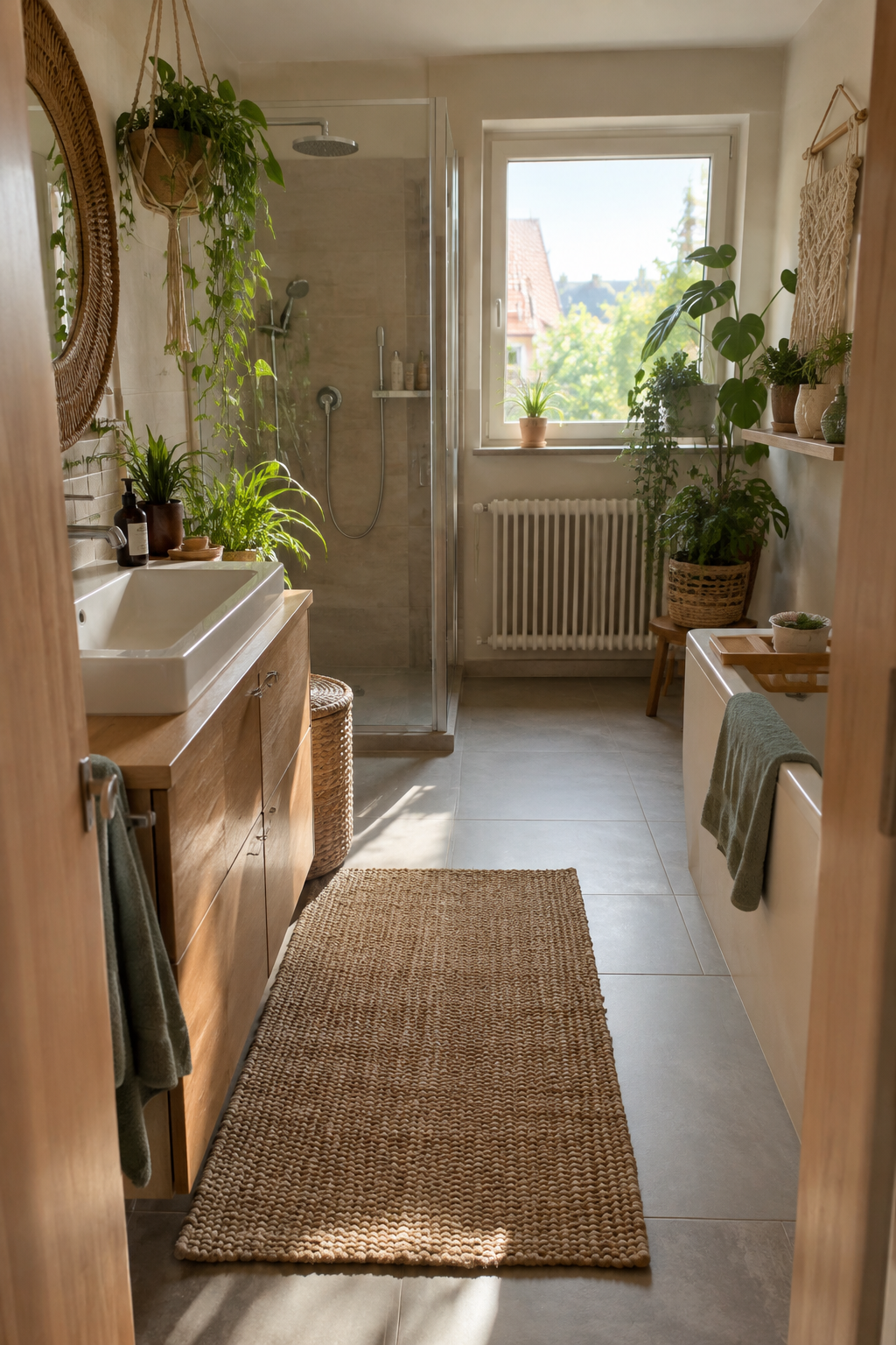 begehbare dusche mit pflanzen und glaswand