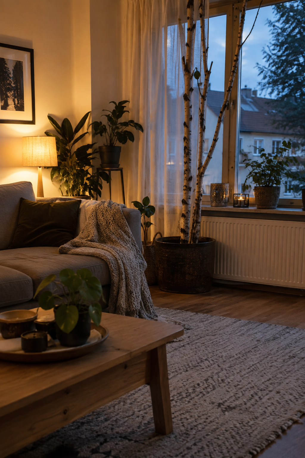 Birkenstämme am Fenster im Wohnzimmer