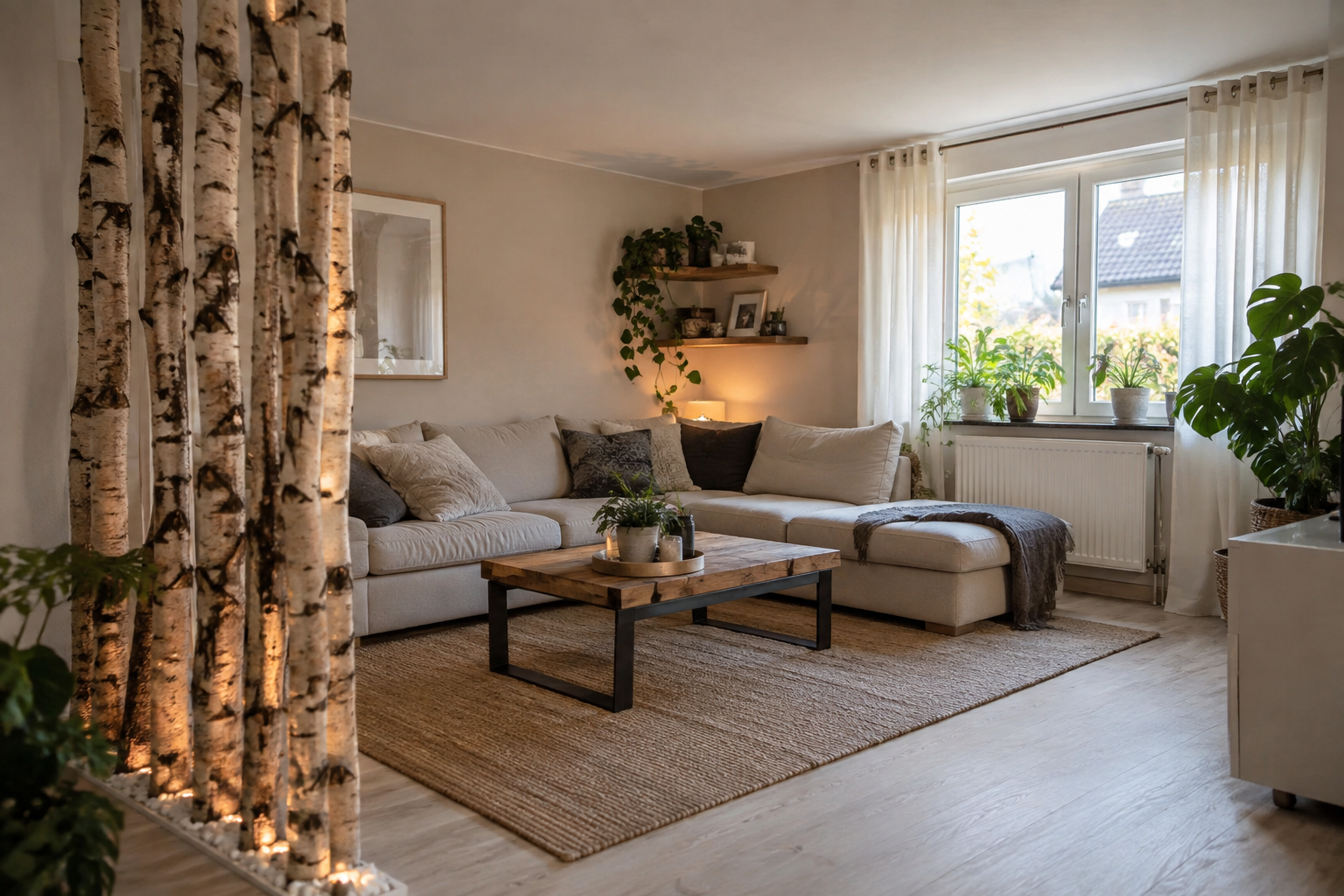 16 Ideen, wie du deine Wohnzimmer-Ecke mit Birkenstämmen, Sessel, Lichterkette und Kerzen gestaltest