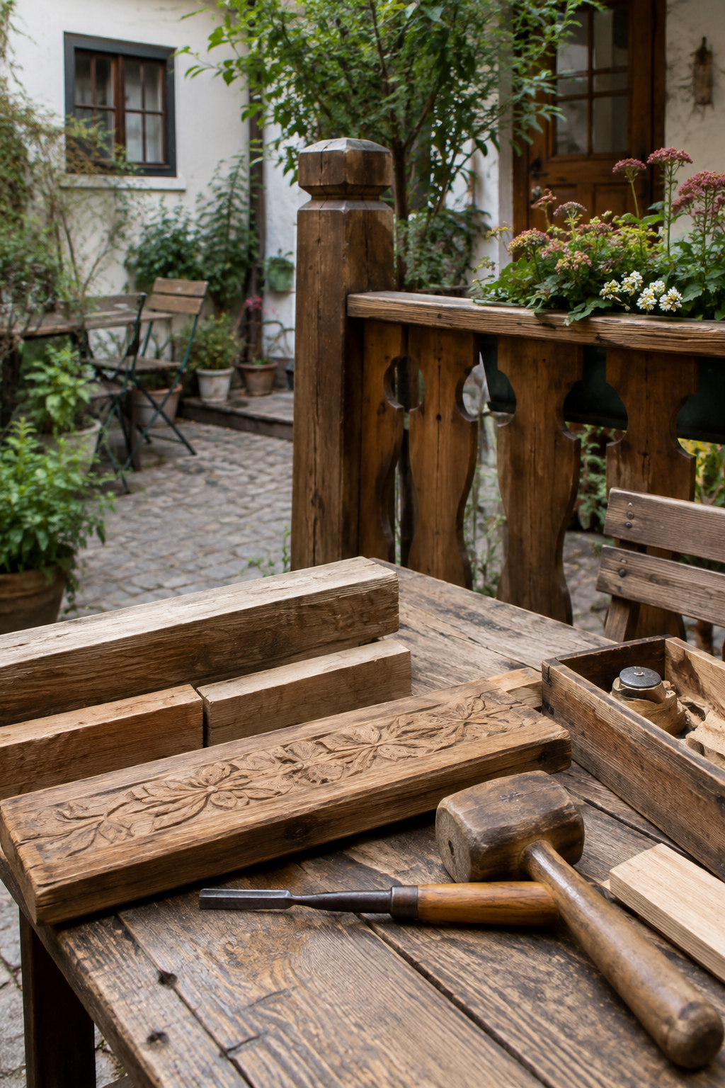 Rustikale Holzdetails auf Tisch und Geländer