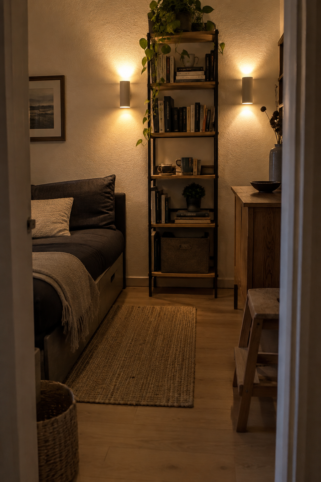 Wandleuchten neben Regal in fensterlosem Zimmer