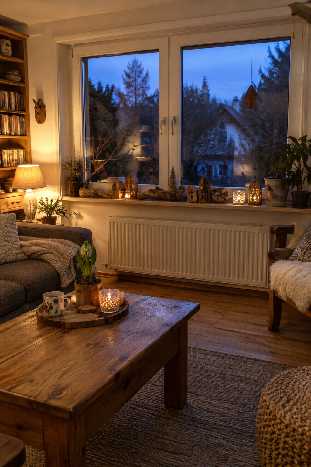 Fensterbank mit Naturholzstücken und Deko