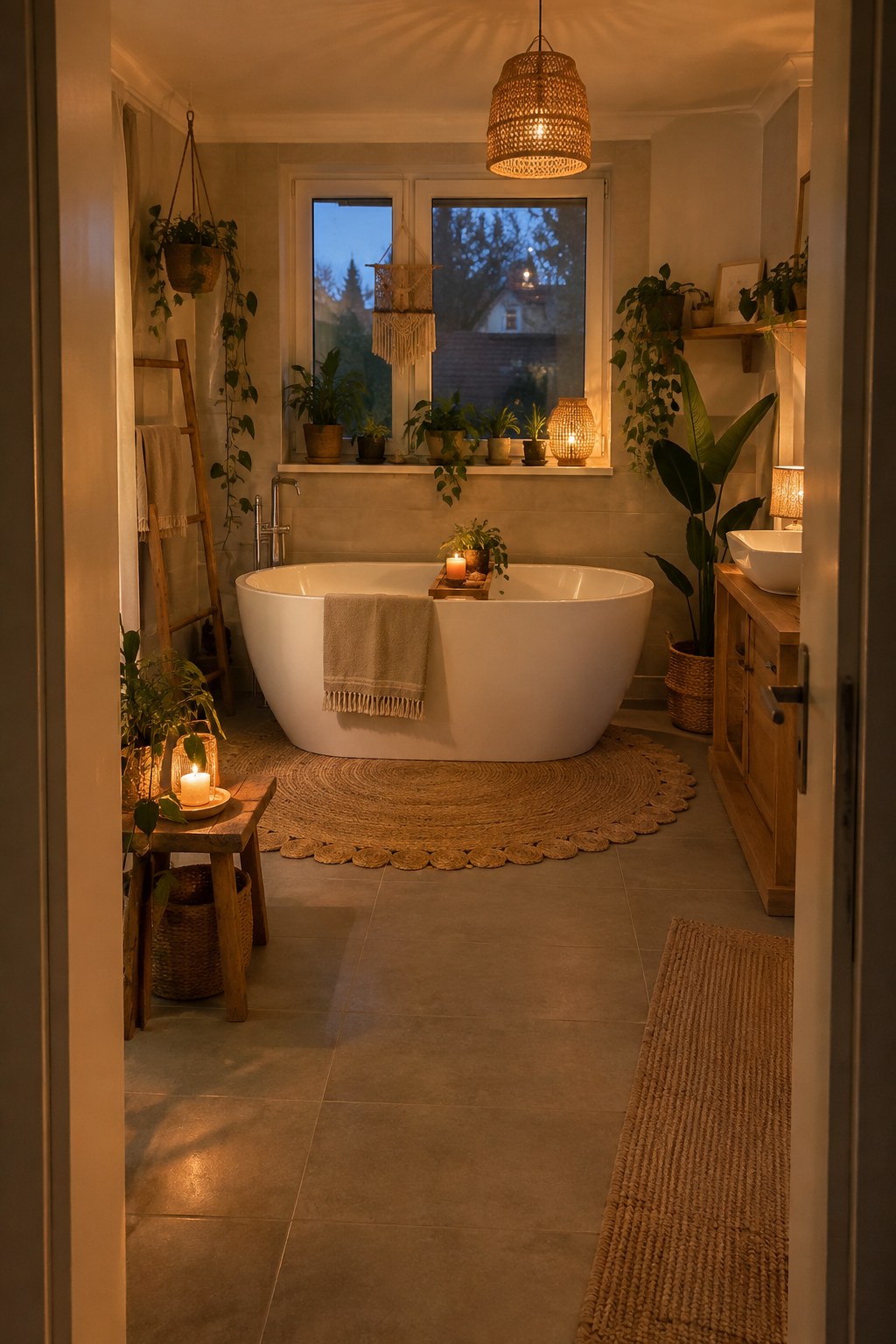Freistehende Wanne auf rundem Boho-Teppich