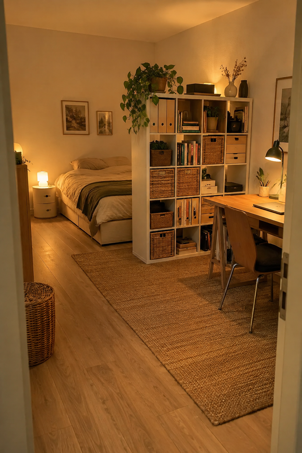 Zimmer mit Regalraumteiler und Teppich