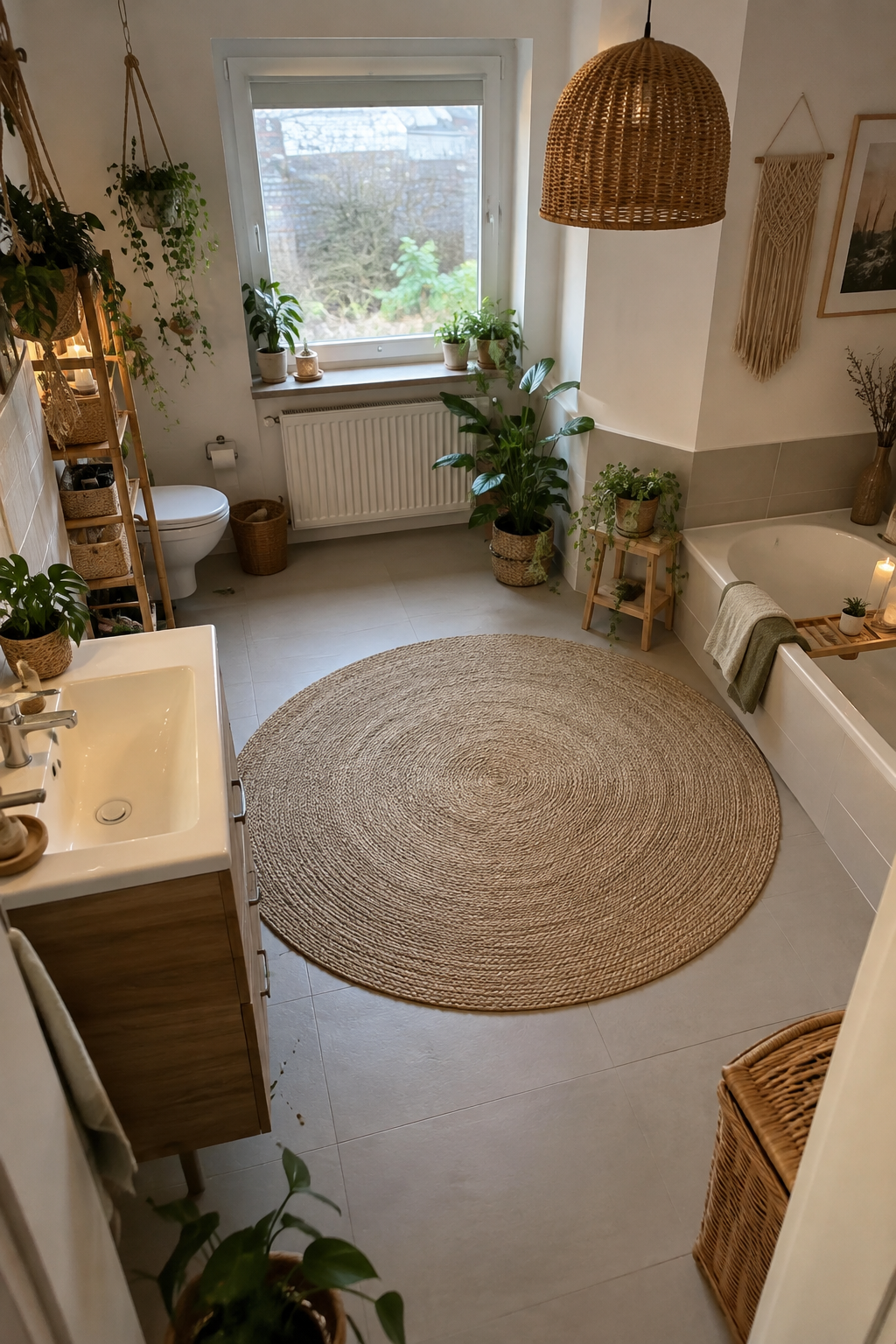 Großer runder Boho-Teppich im Bad