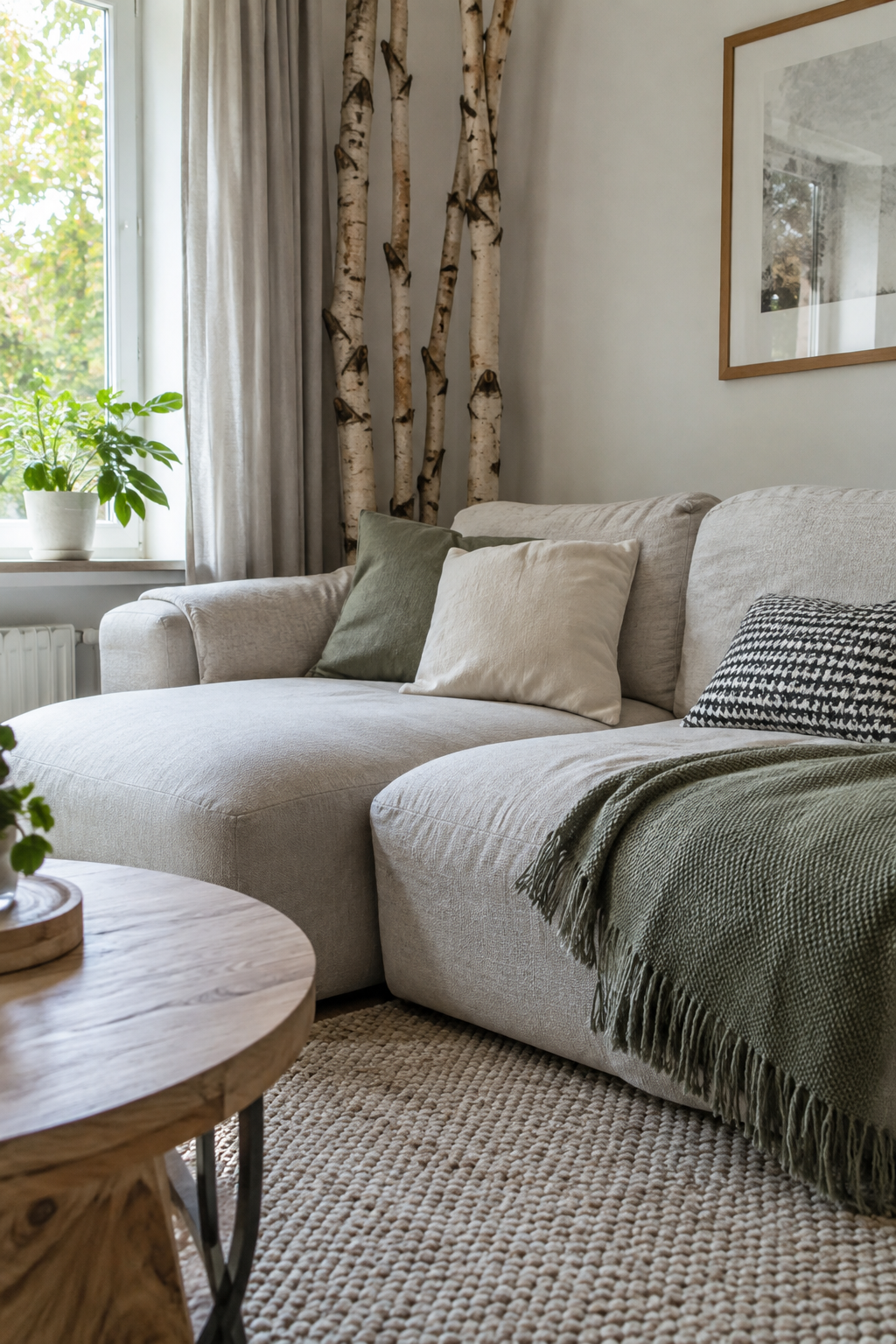 Helle Sofaecke mit hohen Birkenstämmen