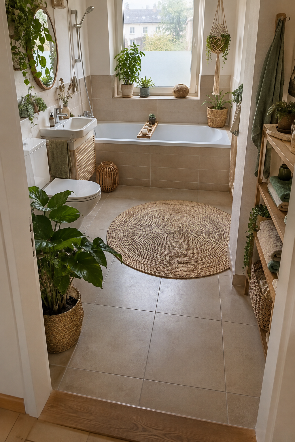 Helles Spa-Bad mit rundem Teppich