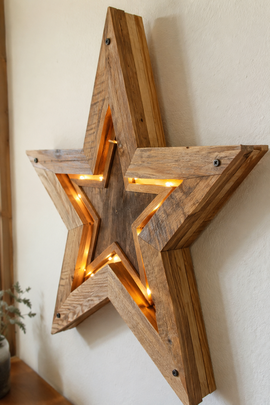 Nahaufnahme mehrlagiger Holzstern mit LED-Hohlraum