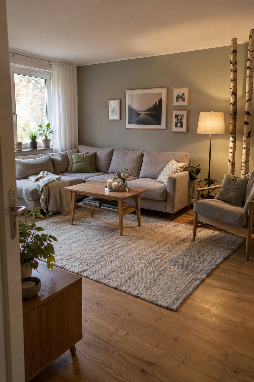 kleines holztischchen neben birkenstamm und sessel