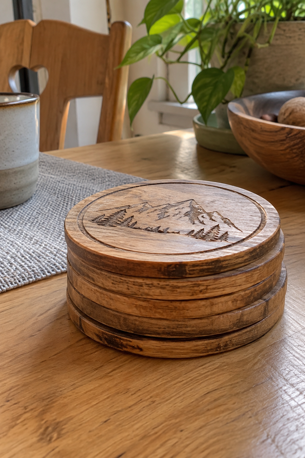 runde Holzuntersetzer mit Gravur nahaufnahme