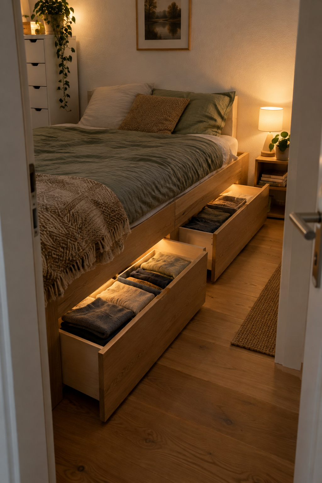 Bett mit Schubladen im kleinen Raum