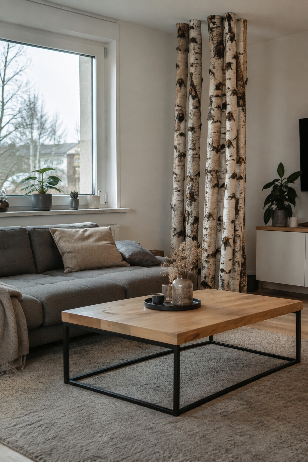 Sofa und Birkenstämme im Wohnzimmer
