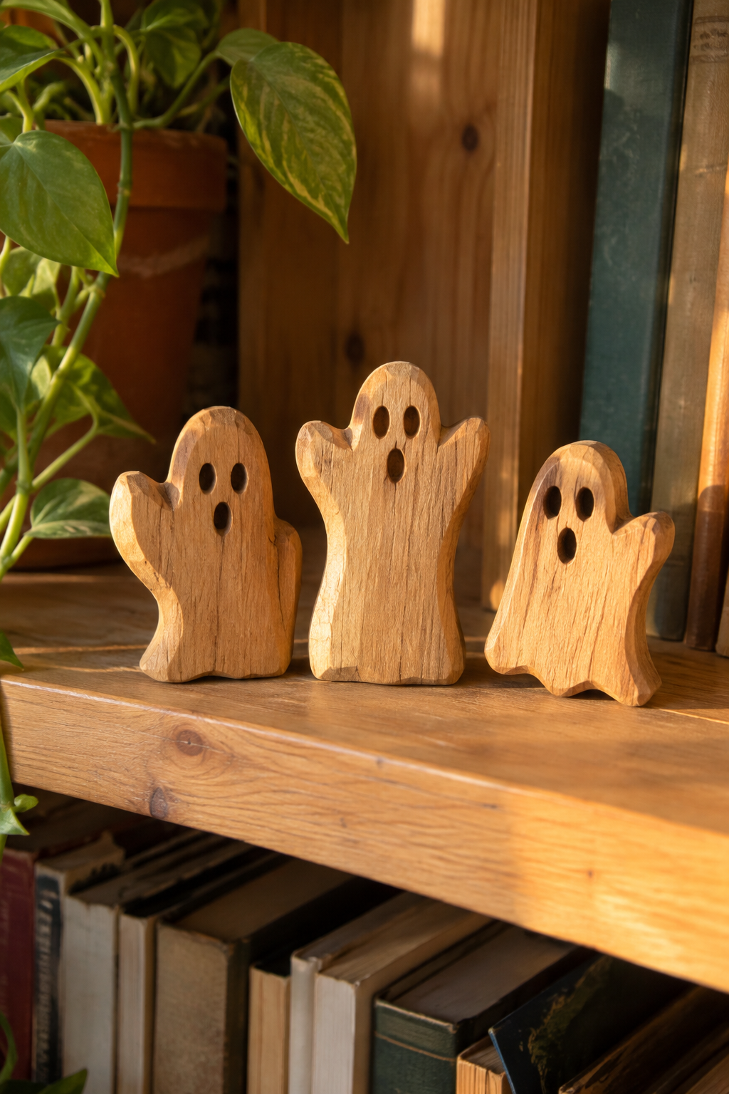 drei kleine holzgeister auf regalkante