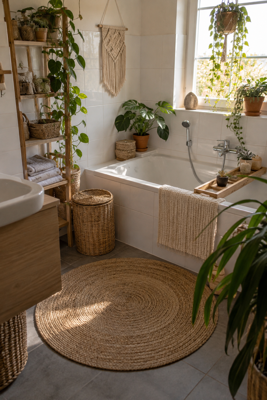 runder jute teppich vor badewanne