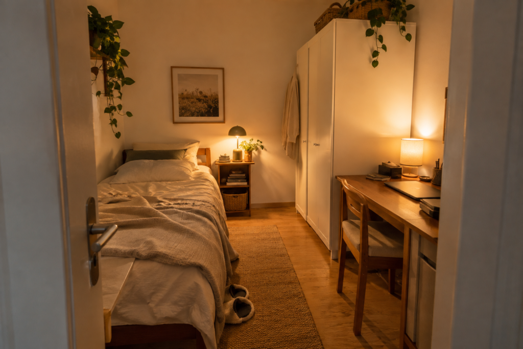 Kleines Zimmer ohne Fenster einrichten: Anleitung in 15 Schritten mit hellen Farben und mehreren Lichtquellen