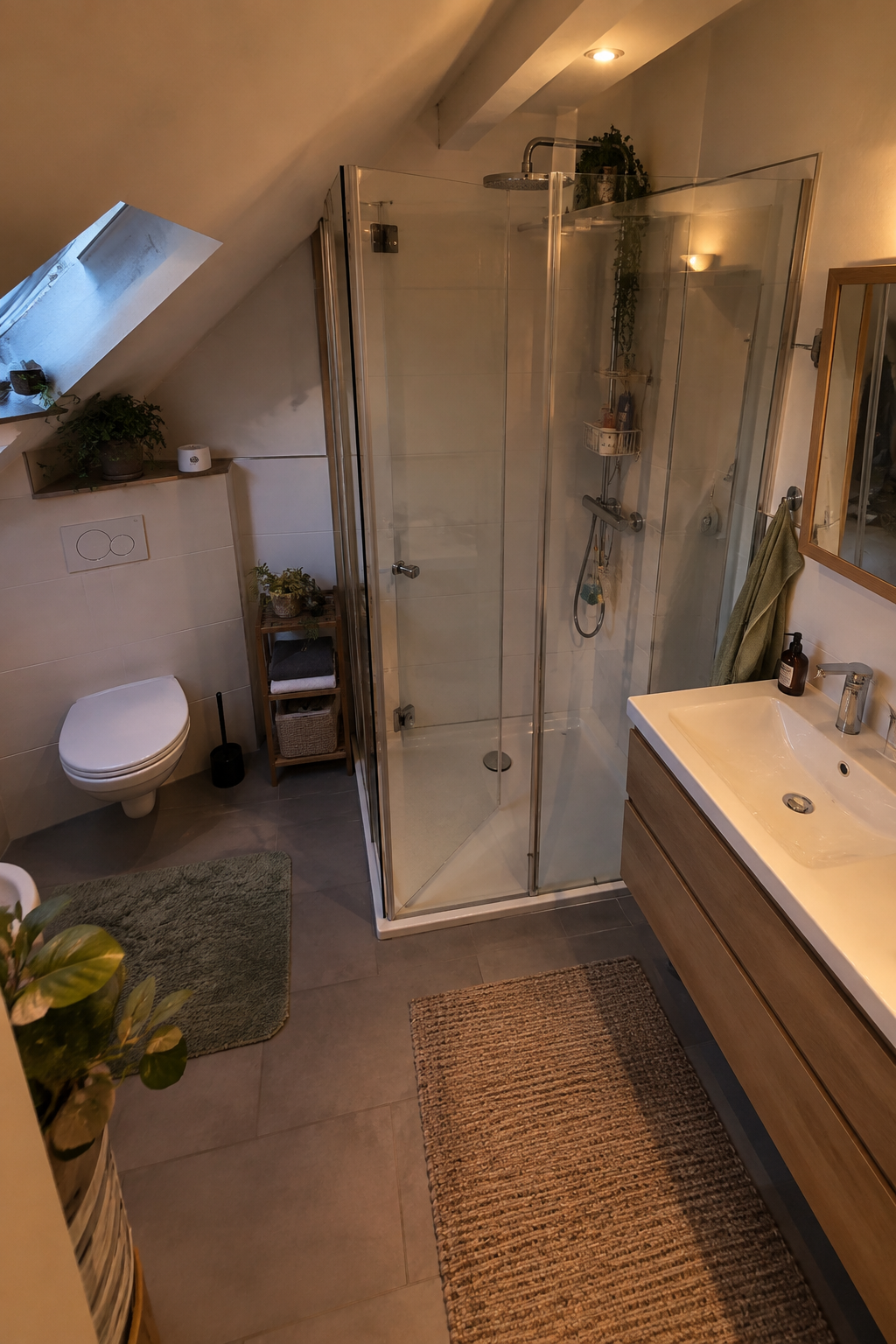 L-Layout Badezimmer mit zentraler Dusche