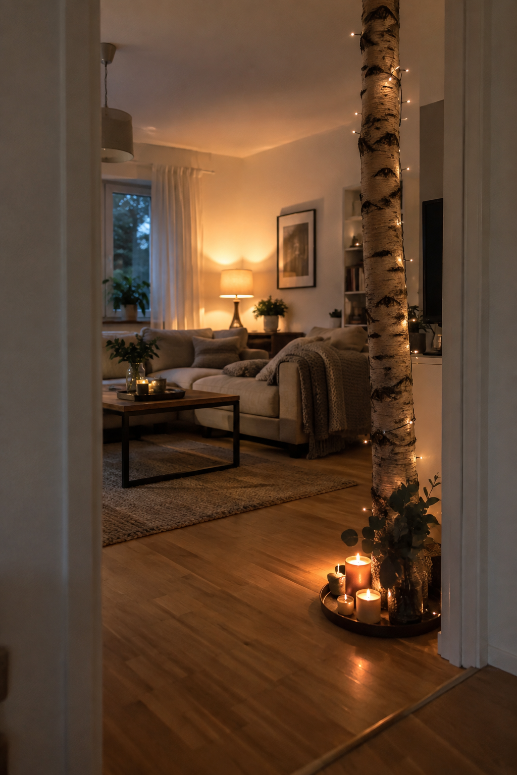 Nahaufnahme Birkenstamm mit Lichterkette