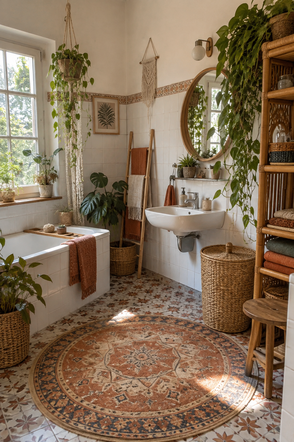 Mediterraner runder Teppich im Bad mit Regal