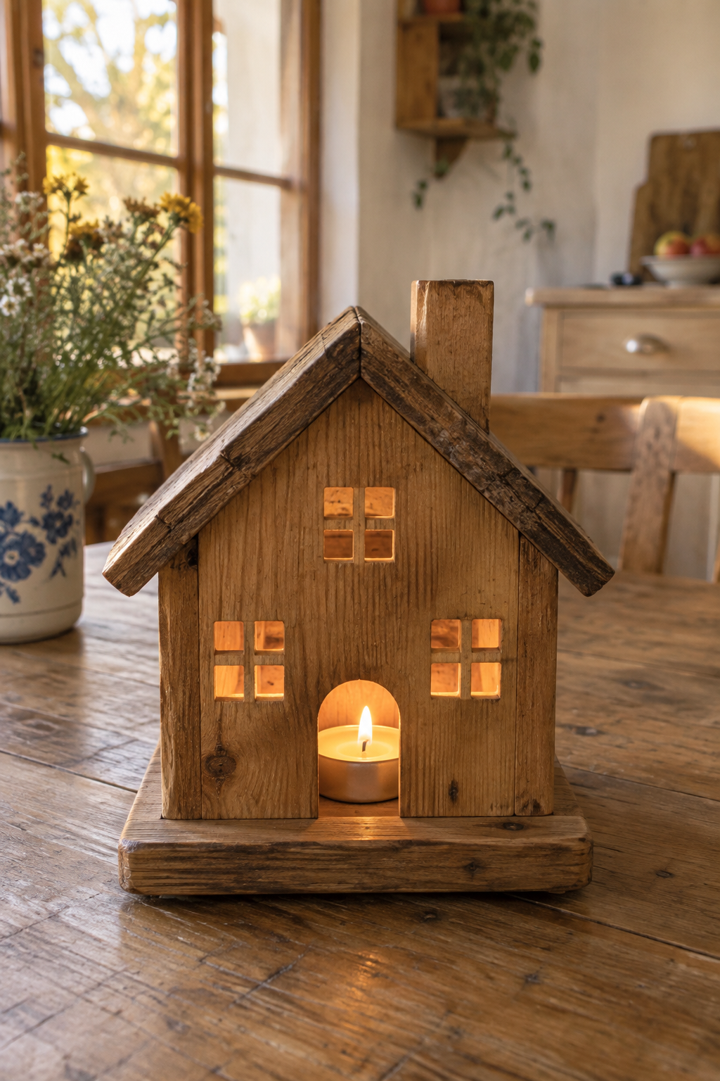Nahaufnahme Mini-Holzhaus mit Teelicht