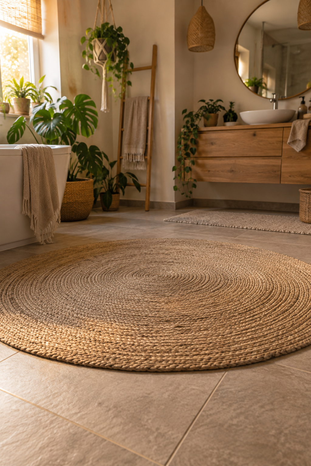 Modernes Bad mit großem Sisal-Teppich
