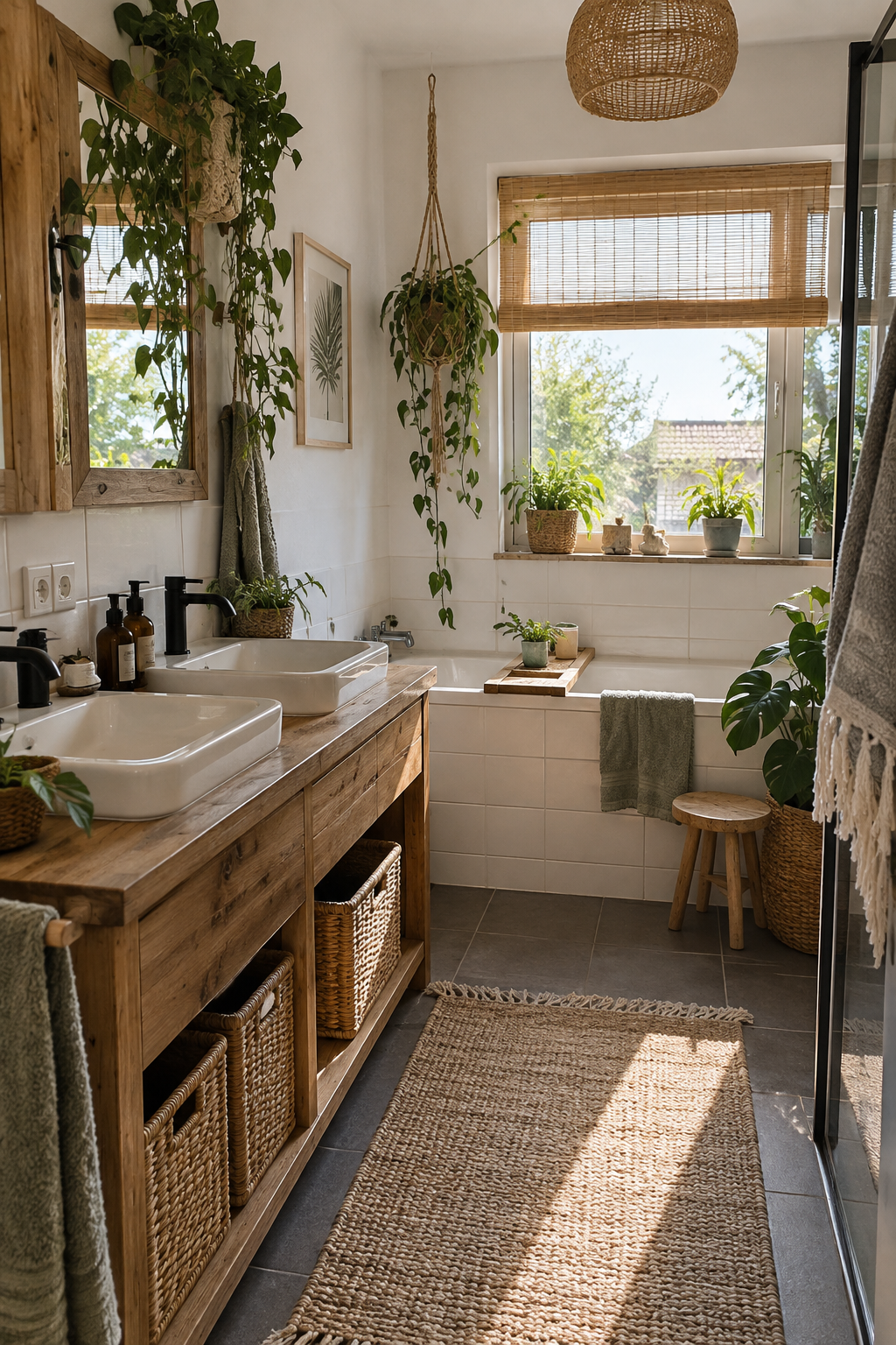 warmer holzwaschtisch mit schwarzen armaturen