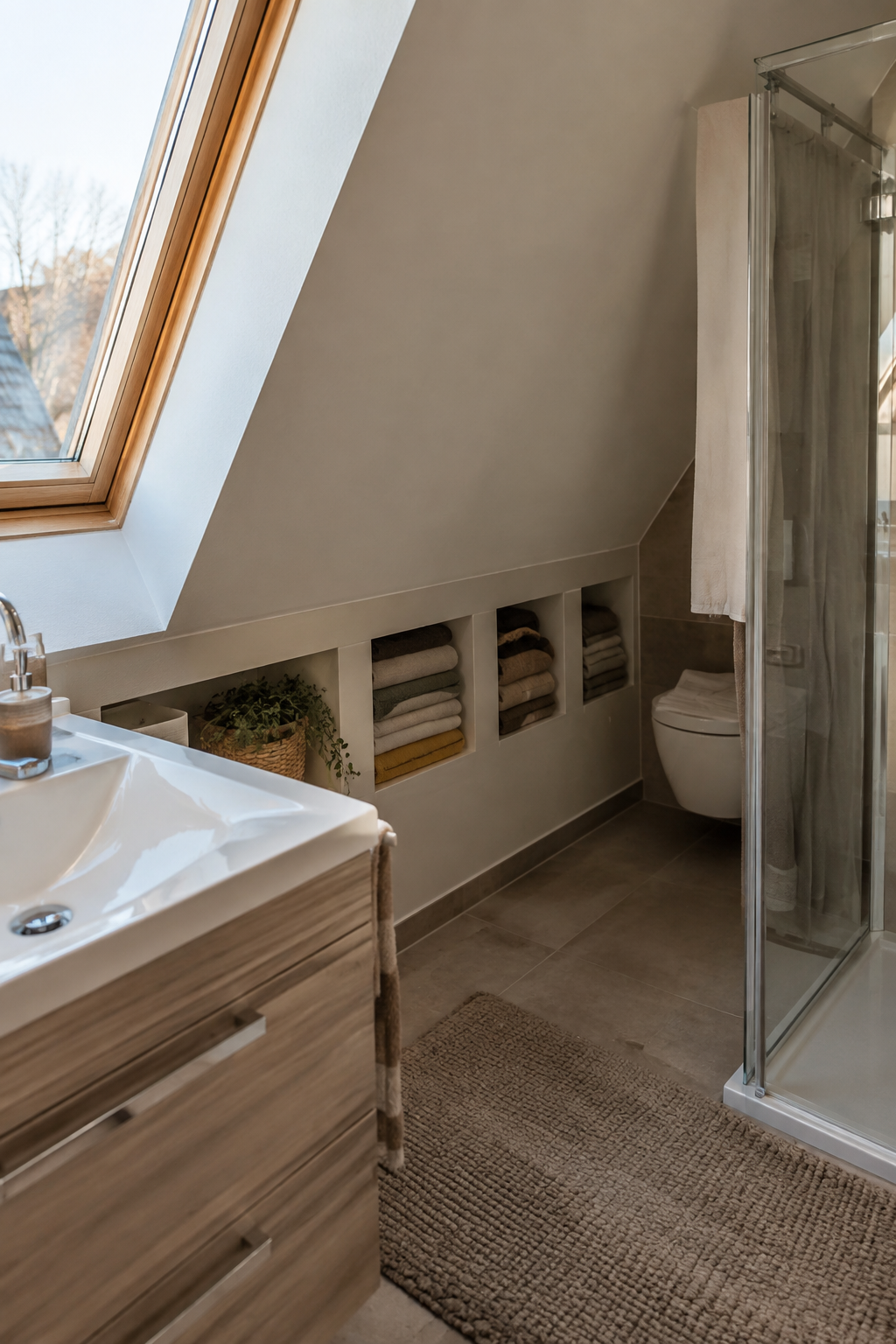 Handtuchnischen unter Dachschräge neben Waschbecken