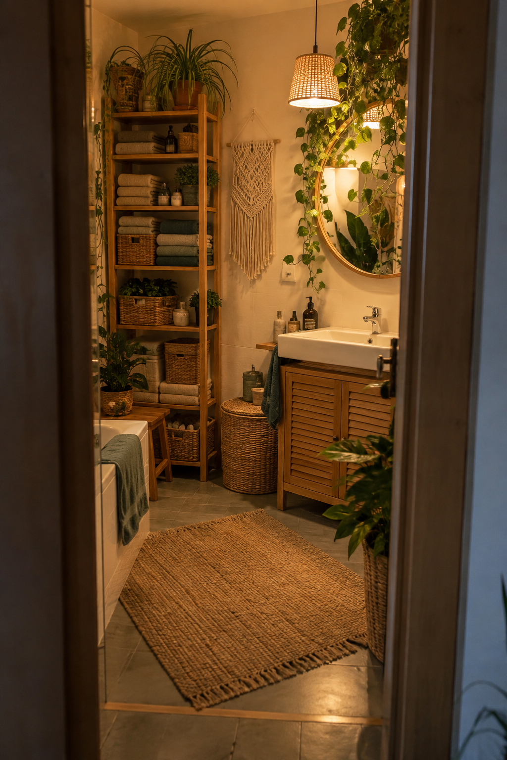 Offenes Holzregal mit Naturteppich