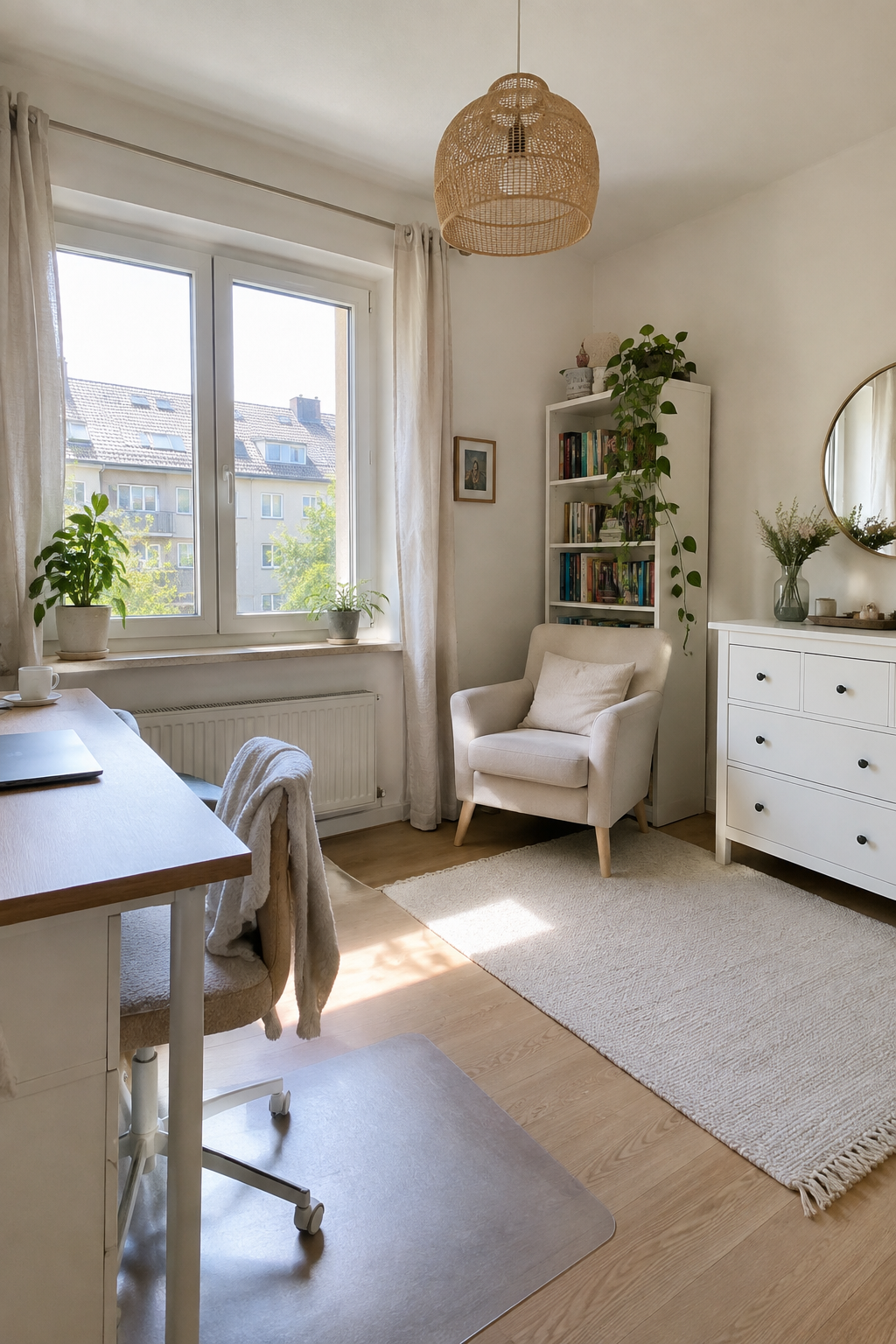 Helles kleines Zimmer mit einheitlicher Farbpalette