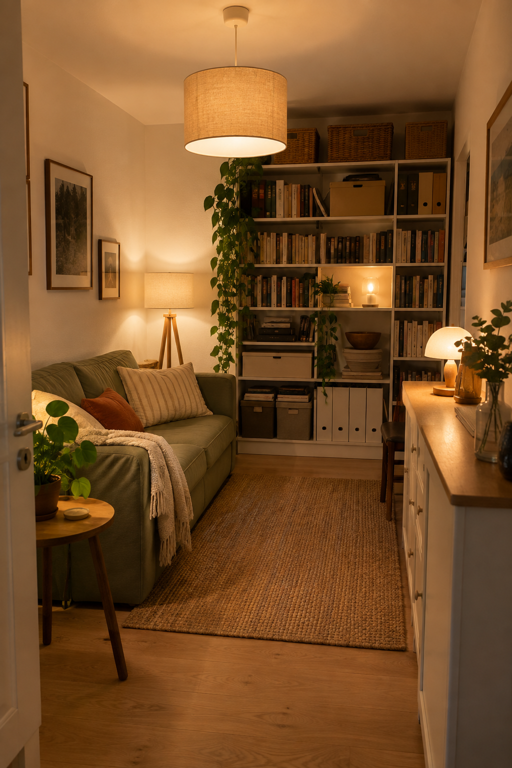 Weitwinkelaufnahme eines fensterlosen Zimmers mit mehreren Lampen