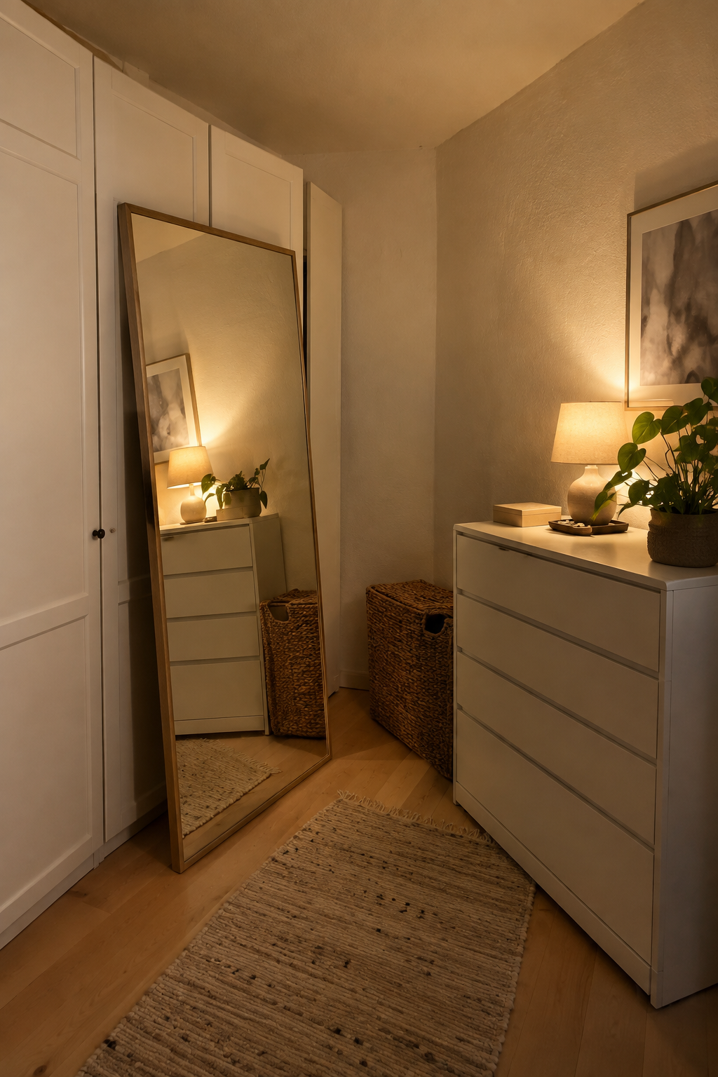 Großer Spiegel lehnt am Kleiderschrank