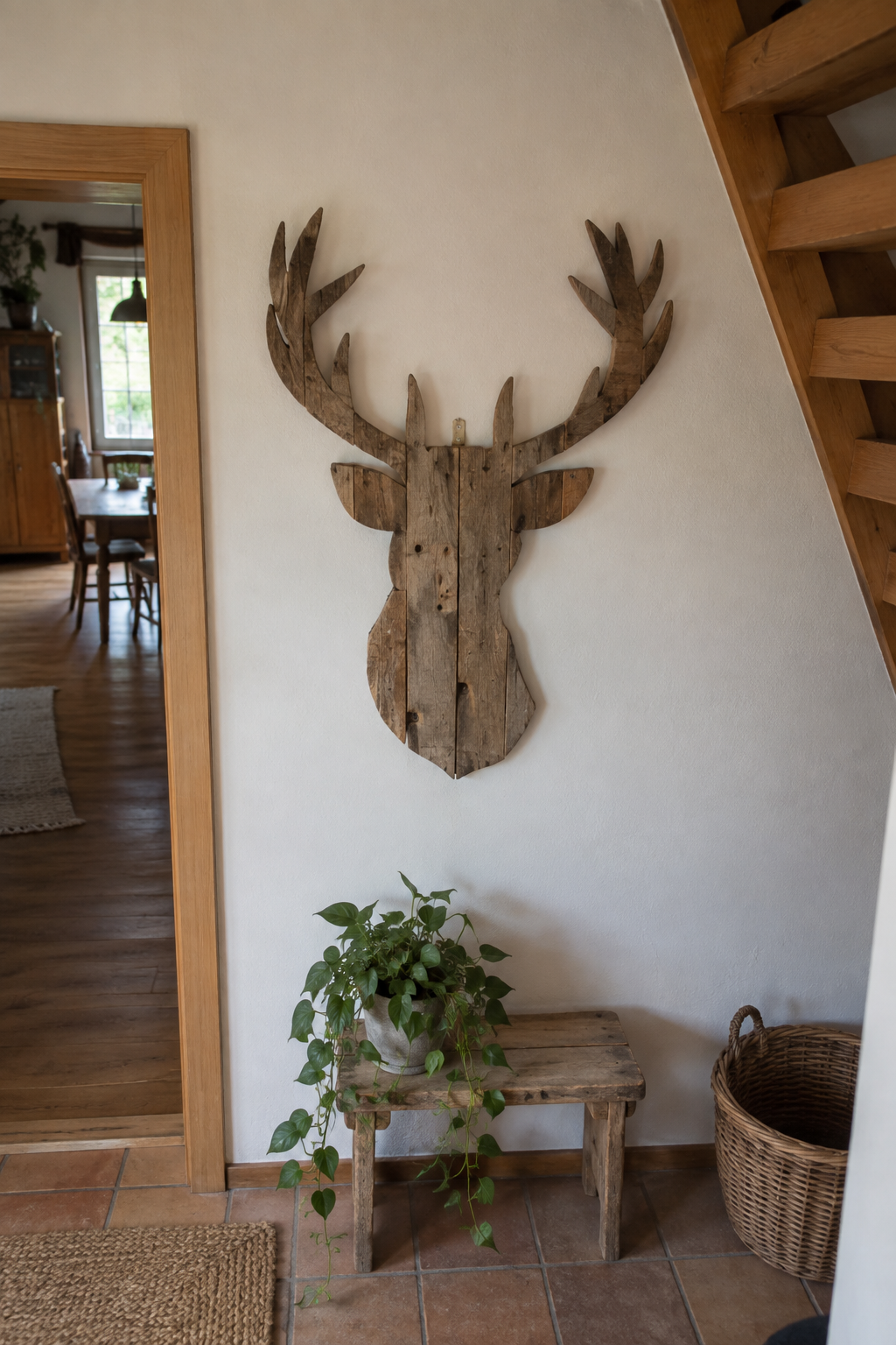 Frontalaufnahme rustikaler Holzrehkopf an Wand