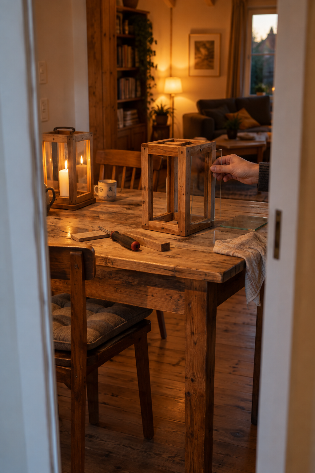 Holzlaterne glas einsetzen nahaufnahme