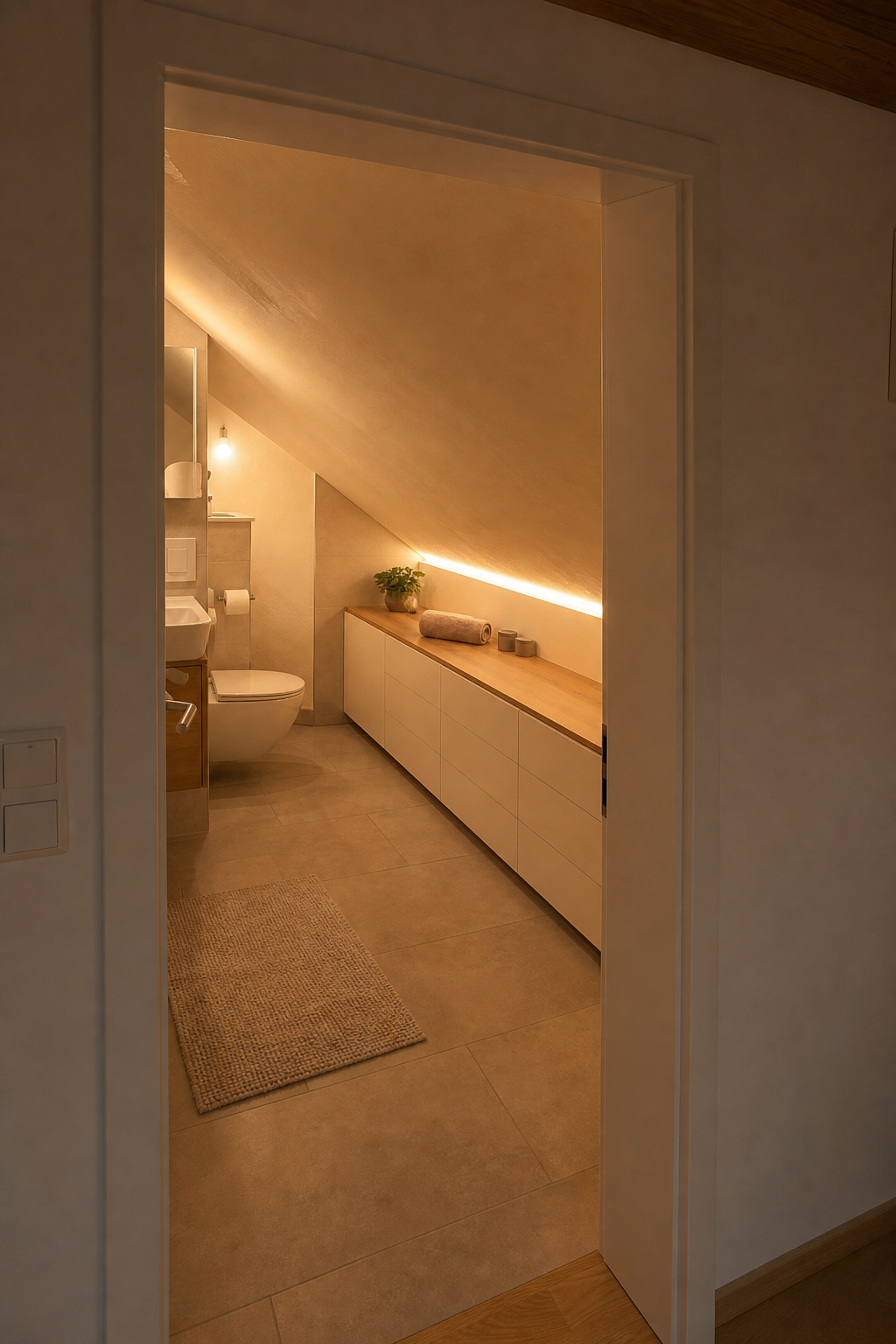 Akzentlicht entlang schräger Decke Badezimmer