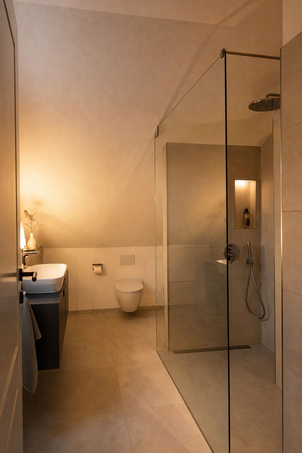Badezimmer unter Dachschräge mit rahmenloser Glasabtrennung