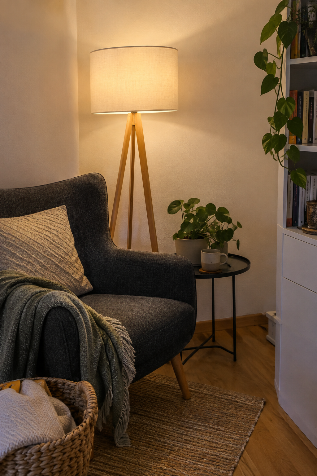 Stehlampe neben Sofa-Bett im kleinen Zimmer