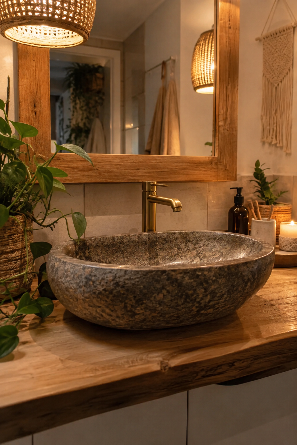Nahaufnahme Steinwaschbecken mit Holzrahmenspiegel