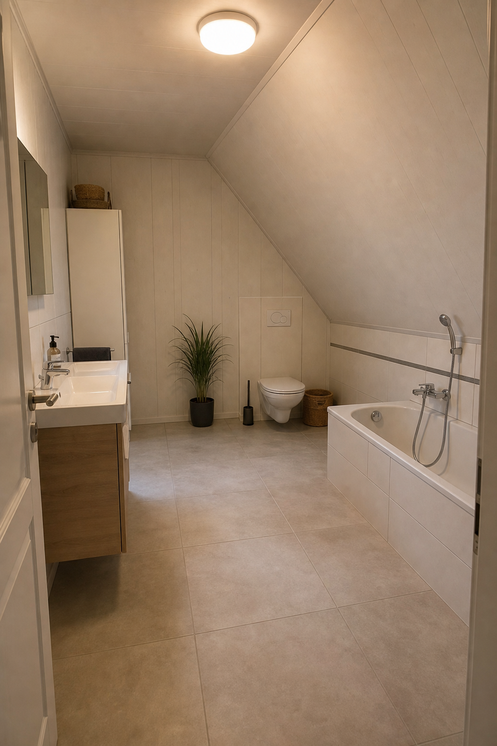 Helles Badezimmer unter Dachschräge ohne Fenster