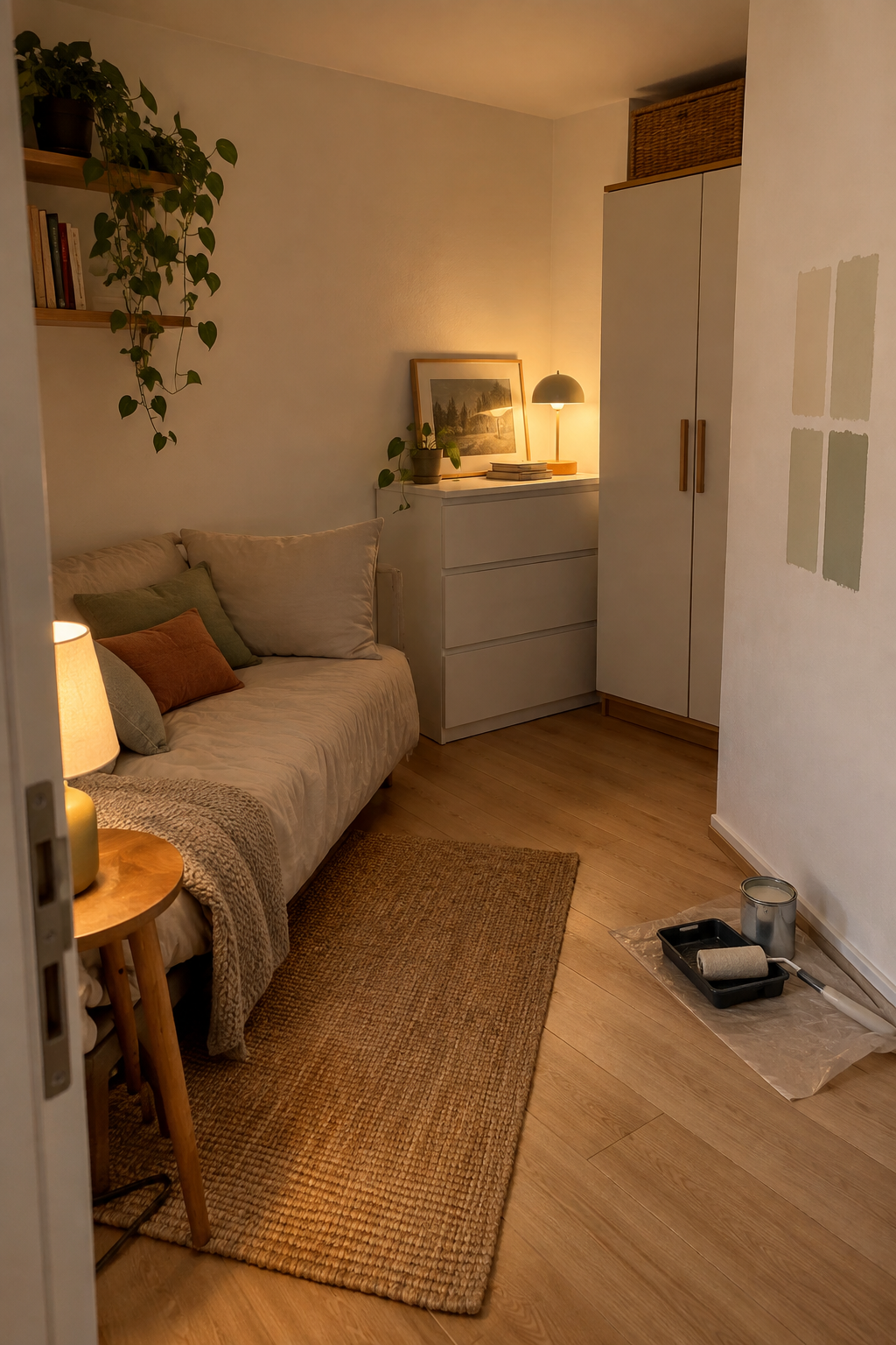 Kleines fensterloses Zimmer mit hellen Wänden