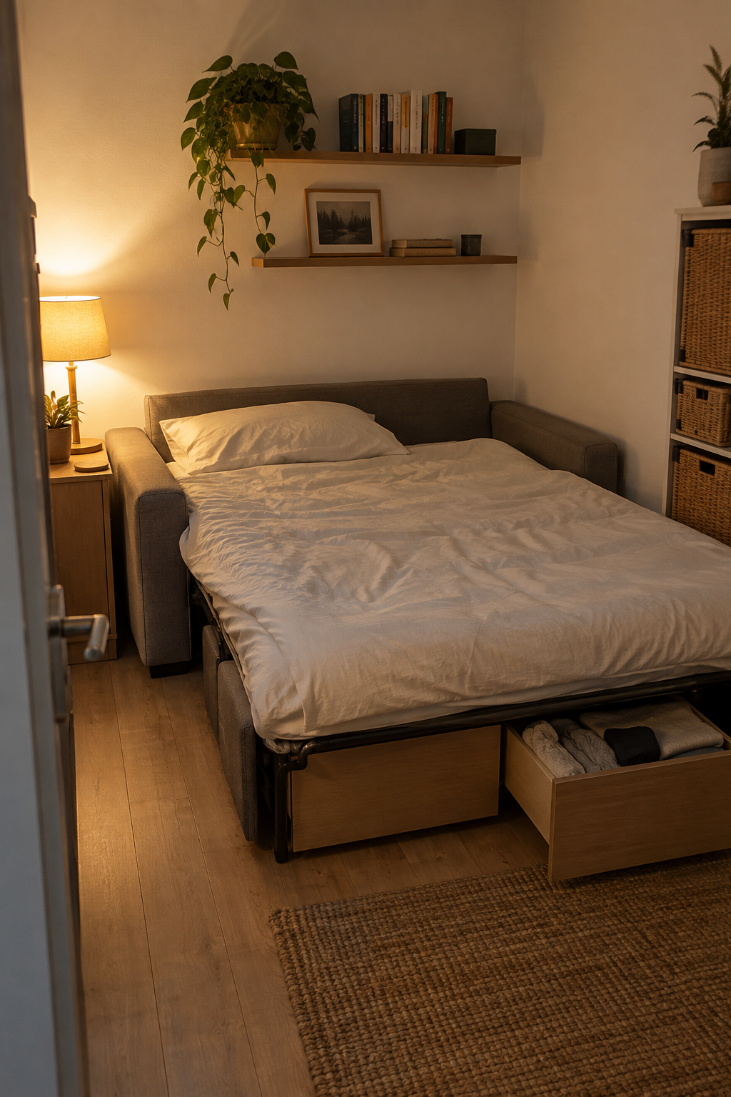 Kleines fensterloses Zimmer mit ausziehbarem Sofa und minimaler Ausstattung