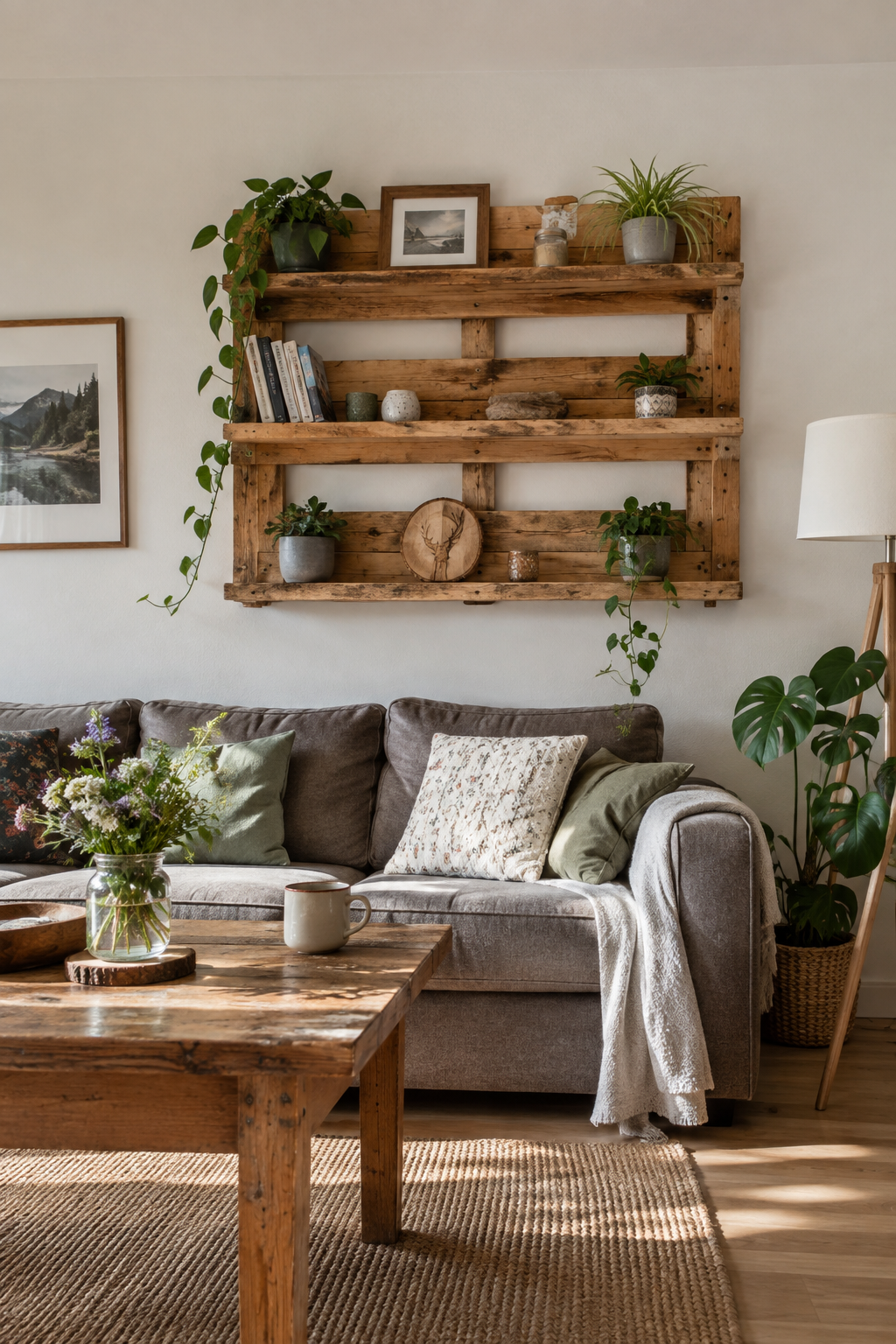 Pallet wood wall shelf with plants