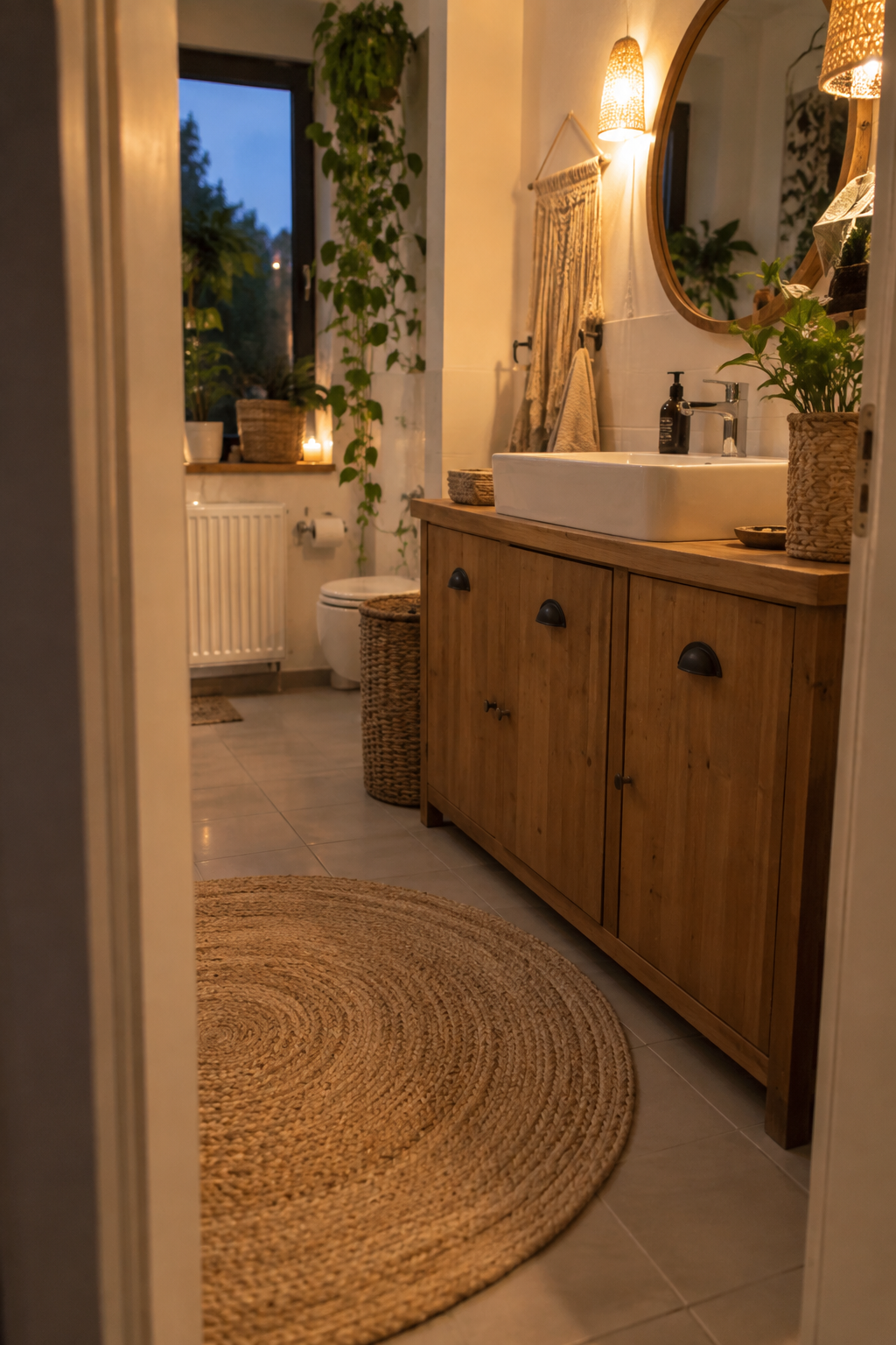 Runder Teppich vor Sideboard-Waschtisch Details