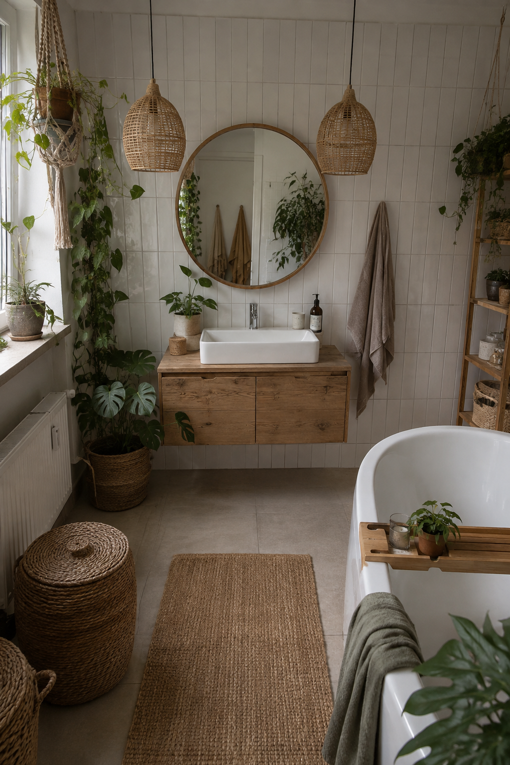 weiße fliesen mit rattanleuchten badezimmer