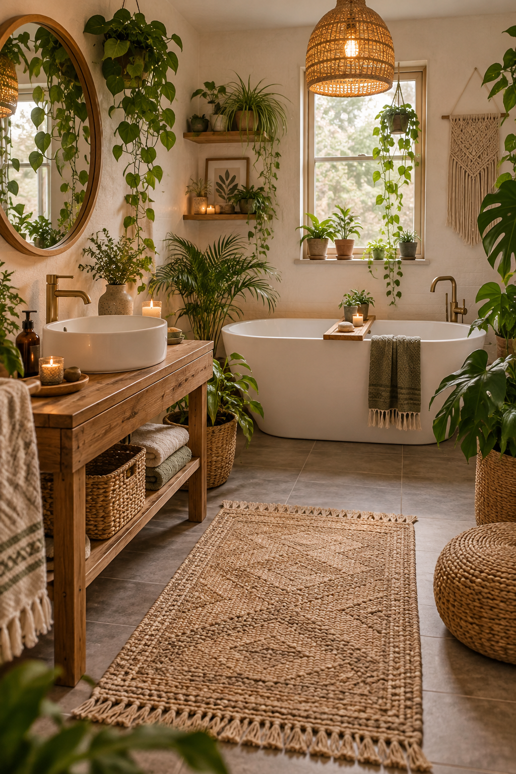 Boho Badezimmer mit vielen Pflanzen