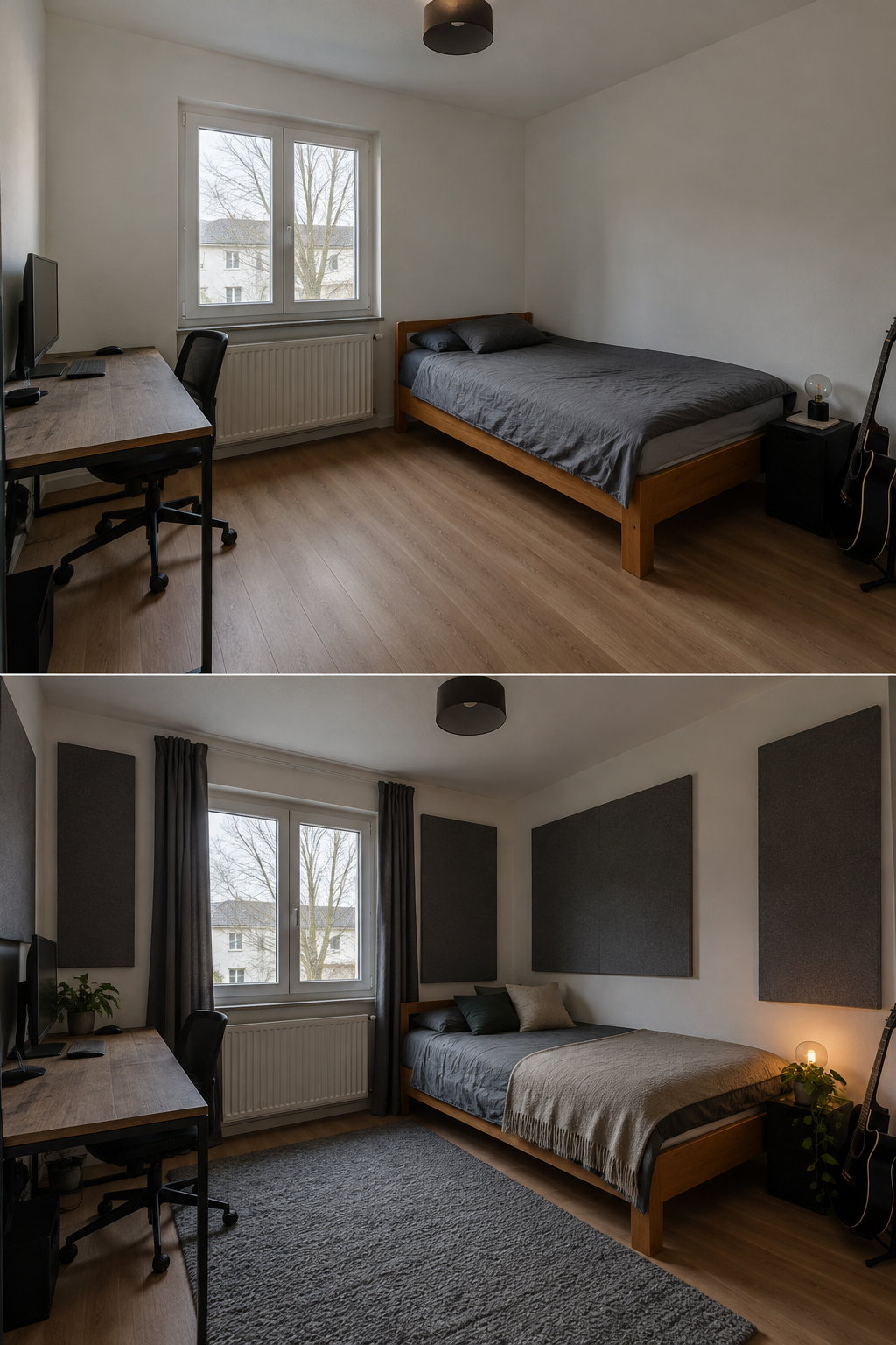 Maskulines kleines Schlafzimmer mit Akustiktexturen
