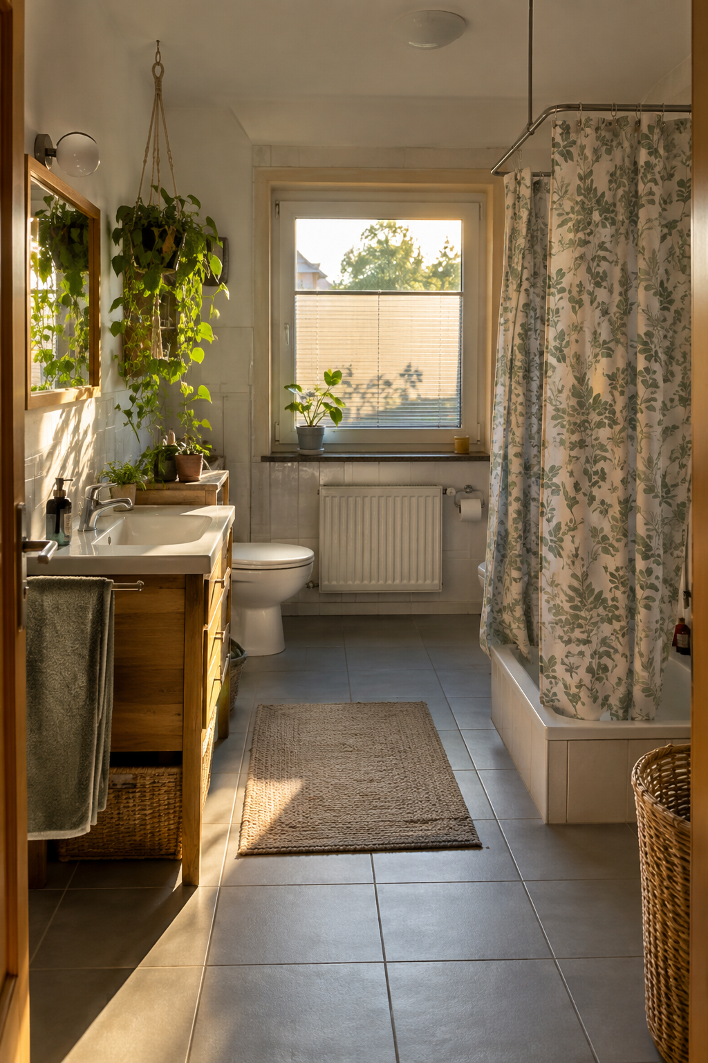 Badezimmer mit gemustertem Duschvorhang