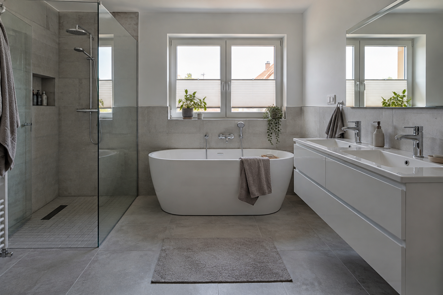 Modernes Badezimmer mit freistehender Badewanne und Glasdusche