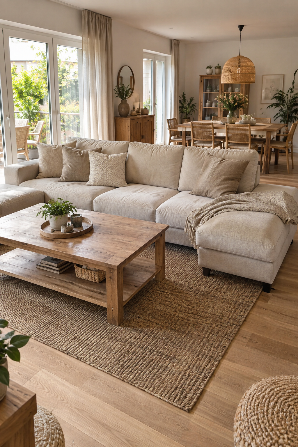 Beiges Sofa und Holztisch im offenen Raum