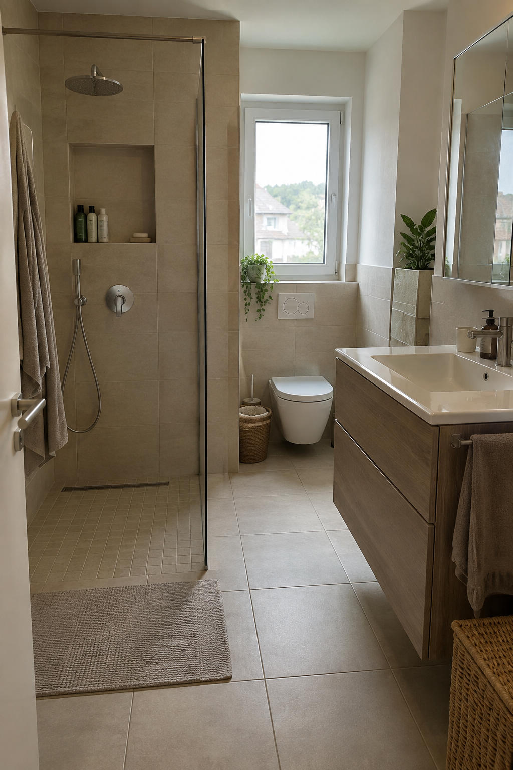 Beiges Badezimmer mit eingelassener Dusche