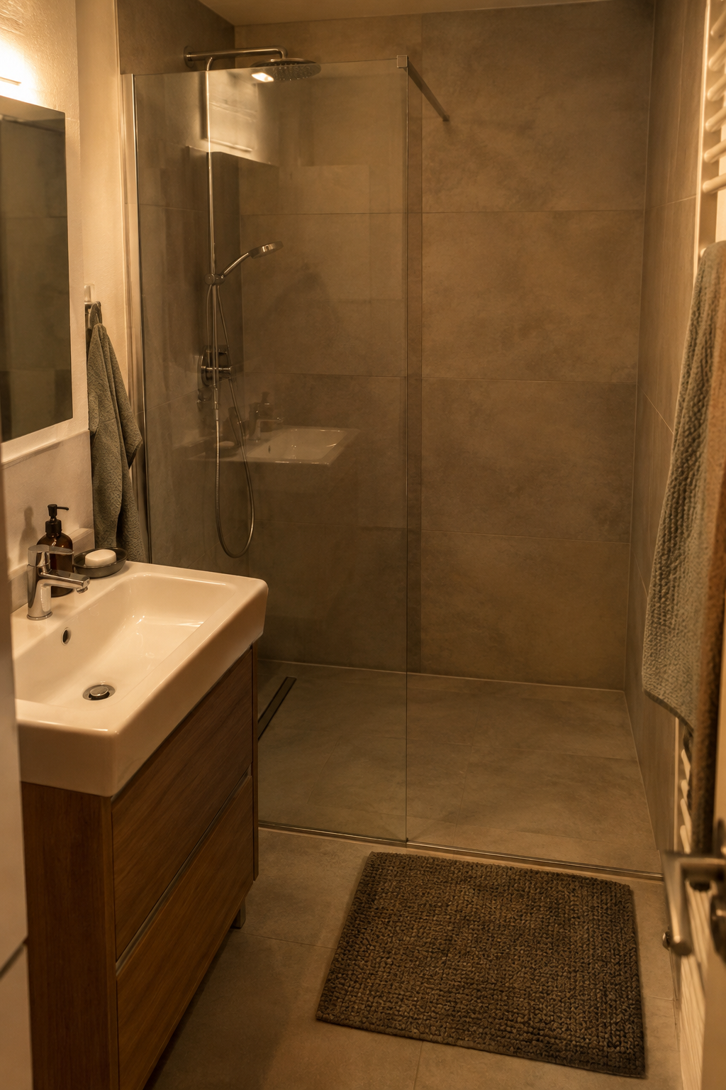 Schmale bodengleiche Dusche mit Glaswand